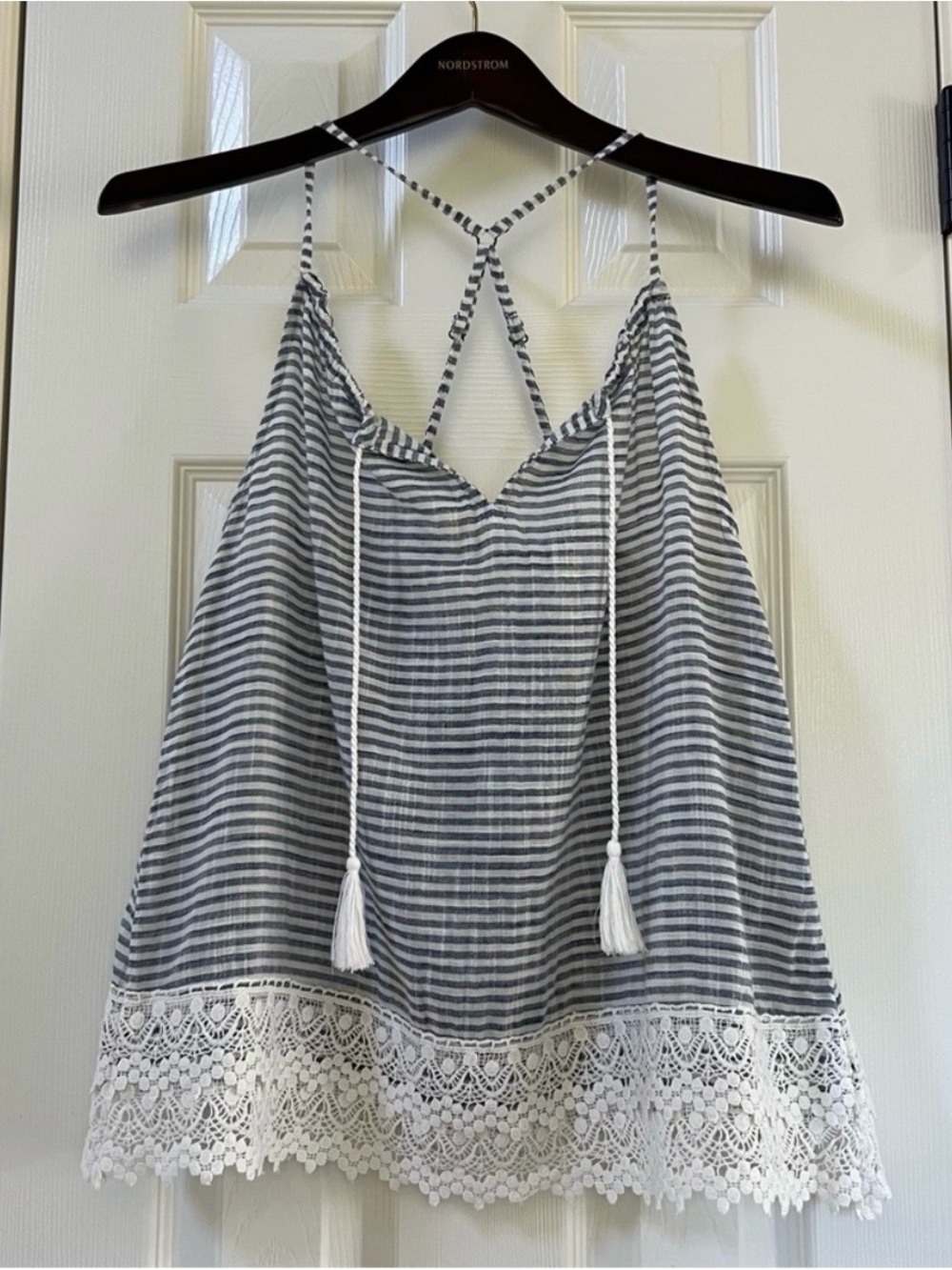 Charming Charlie Navy & White Striped Lace Trim Tank top
NWOT Size Small
